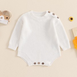 Achlibe Baby Girls Knitted Romper, Long Sleeve Crew Neck Solid Bodysuit Winter Sweater Infant Clothes (White, 9-12 Months)