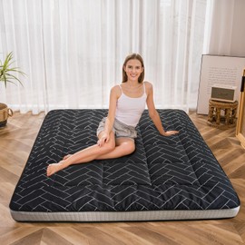 MAXYOYO Black Geometric Pattern Futon Mattress, Japanese Floor Mattress Quilted Bed Mattress Topper, Extra Thick Folding Sleeping Pad Breathable Floor Lounger Guest Bed for Camping Couch, Queen