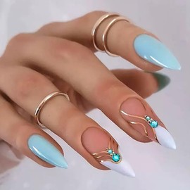 Almond Press on Nails Medium Length Blue Fake Nails Gold Line Acrylic Nails French Tip False Nails Glossy Artificial Nails with Designs Rhinestone Glue on Nails for Women Girls Manicure 24Pcs