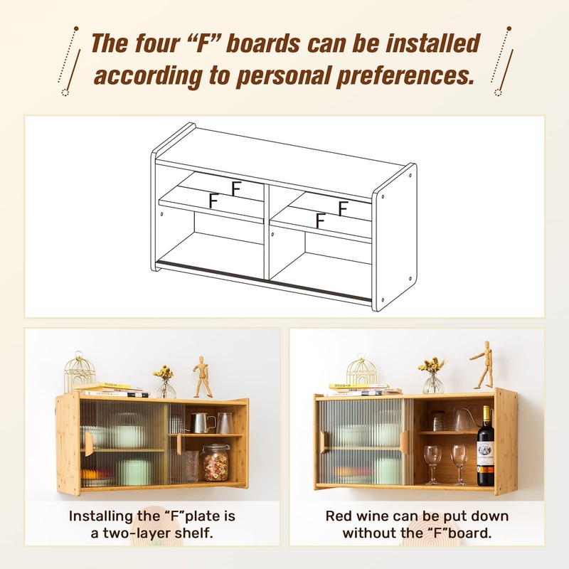 HollyHOME Small Bamboo Wall Mounted Kitchen Pantry Sideboard with 2