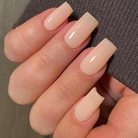 Nude Pink Press on Nails Long Square, KXAMELIE Medium Coffin Nails Press ons Long Glue on Nails Natural Thick Fake Nails Acrylic Reusable 24 Solid Color for Women