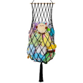 Stuffed Animal Storage Net, 68 Inch Jumbo Macrame Vertical Stuffed Animals Hammock Corner, Wall & Ceiling Hanging Stuffy Hammock Plushie Holder Display for Kids Boys Girls Boho Nursery Decor (Black)