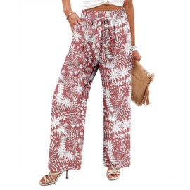 Angerella Women Palazzo Pants Summer Boho Wide Leg High Waist Casual Lounge Pant 2025 Beach Travel Vacation Outfits PinkLeaves L