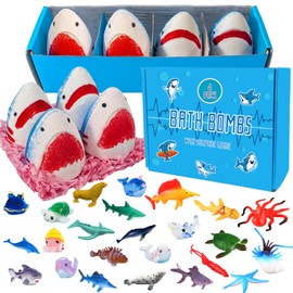 Kids Bath Bombs with Surprise Inside,4 Pack Marine Shark Bath Bomb for with Ocean Sea Animals for Girls Boys Toddlers, Safe Natural & Organic