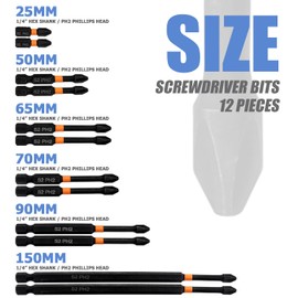Mesee 12Pcs Magnetic Screwdriver Bit Set, Anti-Slip PH2 Phillips Screwdriver Bits 1/4 Inch Hex Shank S2 Steel Magnetic Cross Head Screw Driver Bits for Hand Electric Screwdrivers, 25-150mm Length