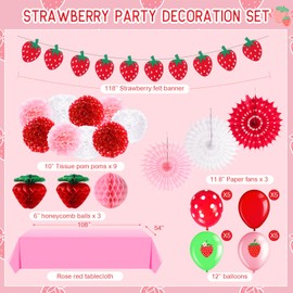 Outus Strawberry Party Decorations Berry First Birthday Hanging Decor Red Pink White Tissue Pom Poms Paper Fans Honeycomb Ball Banner Balloons Tablecloth for Strawberry Themed Party Supplies