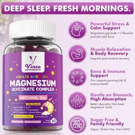 Glicinato de Magnesio para Adultos y Niños 4+ Vitamina B6 C D3, 60 Gomitas Ayuda para Dormir