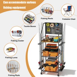 AQNTQCN Fishing Rod Holders for Garage, Fishing Pole Holders, 3-Tier Fishing Pole Rack Holds 12 Rods with Wheels for Garage, Basement or Indoor, For Fishing Rod Tackle Box Storage