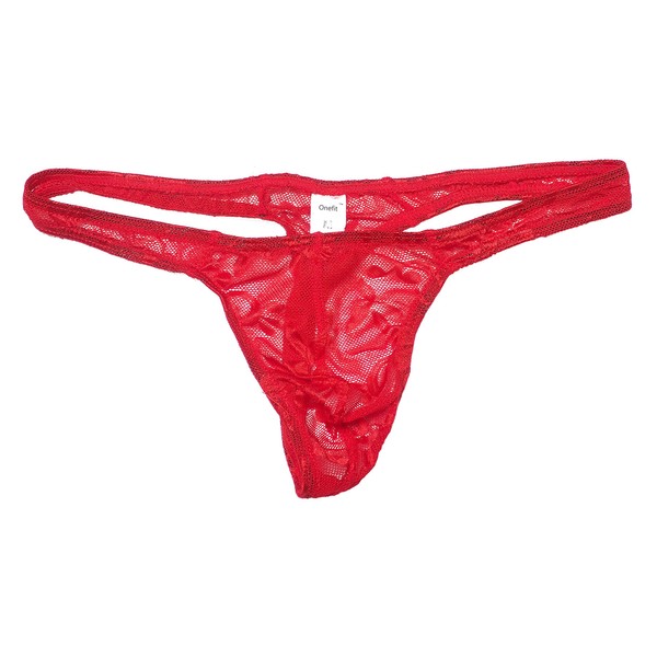 ONEFIT Men's Sexy Lace T-Back T-String Thongs with Flower Floral Red X-Large
