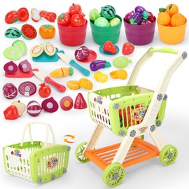 Kids Shopping Cart with Cutting Play Food Set for Kid Kitchen, 2 in 1 Shopping Cart for Kids Grocery Store Pretend Play Kitchen Accessories Sorting Food Bucket Learning Toys Gift for Toddler 3-5