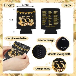 Yangmics 55th Birthday Can Cooler Sleeves Pack of 12-55th Anniversary Decorations- 1967 Sign - 55th Birthday Party Supplies - Black and Gold the fifty-fifth Birthday Cup Coolers