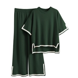 Tanming Sweater Sets Women 2 Piece Lounge Sets Short Sleeve Knit Pullover Tops Wide Leg Pants (ArmyGreen-L)