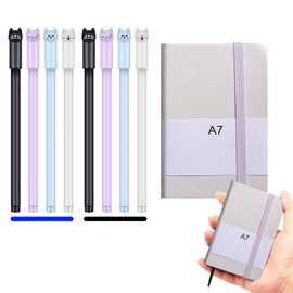 KBCYRT 7 PCS Erasable Pens,1 PCS A7 Leather Notebook, Erasable Gel Pens,4 blue cores, 4 black cores,0.7mm Tip, Cat appearance design,for Students Adults Children Stationery School Office Supplies