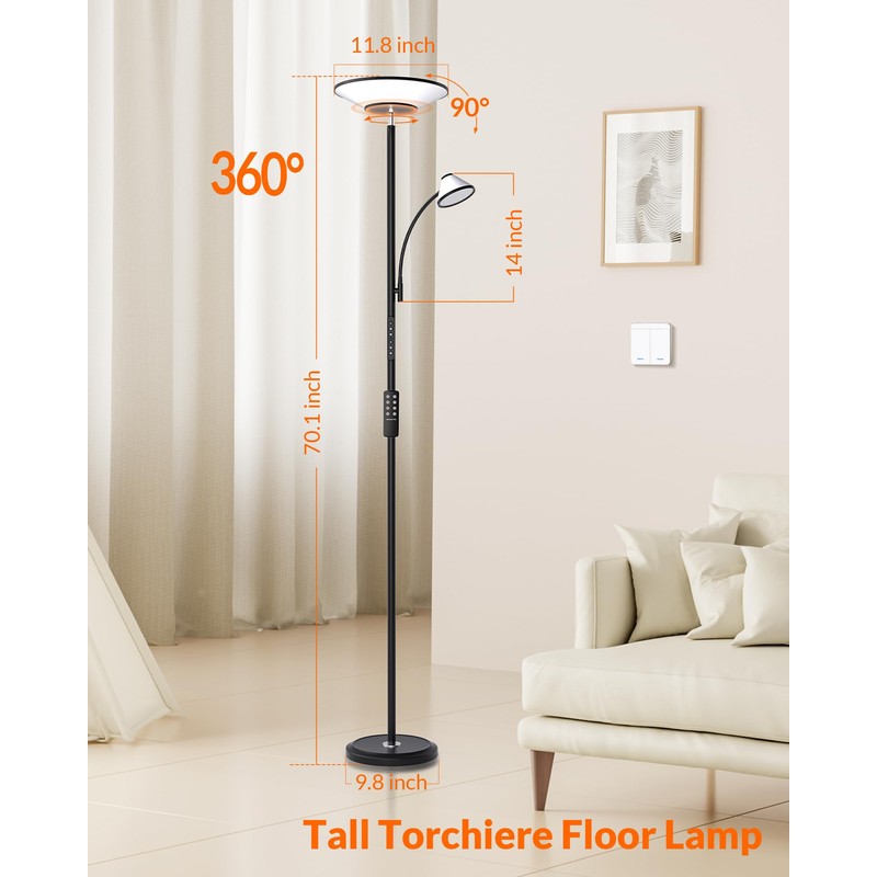 LEPOWER-TEC Bright Floor Lamp, Standing Lamp with Remote & Wall