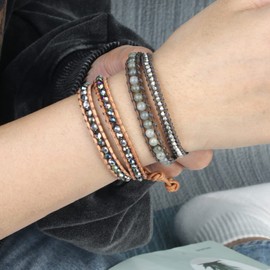 KELITCH Leather Wrap Bracelet Created-Labradorite Mixed Beaded Bracelet Friendship Bracelets New Bangles 2021 (Gray 2A)