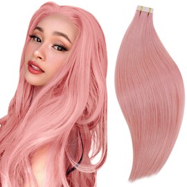 RUNATURE Pink Tape in Extensions Real Human Hair Colorful Pink Tape in Extensions Remy Pink Tape in Human Hair Extensions Long Tape Hair Extensions 22 Inch 25g