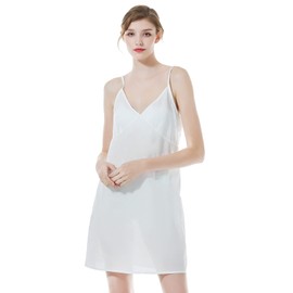 BEAUTELICATE Women's Slips Dress V-Neck Short Full Slip 100% Cool Cotton Underdress Underskirt Summer Straight Spaghetti Strap Nightdress Nghtie Chemise White, L