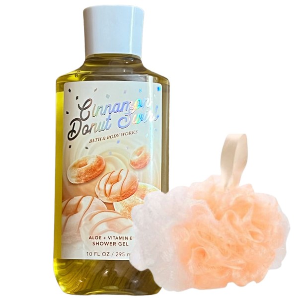 Bath and Body Works Cinnamon Donut Swirl Gift Set Bundle with Shower Gel Soap and Loofah Pouf Sponge
