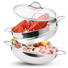 BX BEPXINH 4.6 Quart Steamer Pots With Glass Lid 2-Tier Multipurpose, 11 inch, Stainless Steel 3-layer whole clad, Steaming Pot Cookware For Vegetable, Dumpling, Sauce, Wok, Compatible with all stovetops, Diswasher Safe, Steamer Pot 28cm
