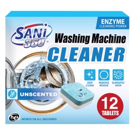 SANI 360° Washing Machine Cleaning tablets, 12 pack is Formulated with Enzyme, Deep Cleans and Deodorizes Front and Top Loading Washers use up to 1-year supply Unscented