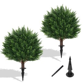 Yangrass Artificial Set of 2 Cedar Topiary Ball Trees 16" for Outdoors with Ground Spike, UV Resistant Faux Cypress Plants, Evergreen Shrubs Bushes for Front Porch Garden Backyard Decor