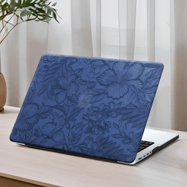 DTangLsm Compatible with MacBook Air 13 inch Case 2022 2021 2020-2018 A2337 M1 A2179 A1932, Elegant Textured Retro Leather Hard Shell Case for MacBook Air M1 Cover + Keyboard Skin,Blue Embossed Floral
