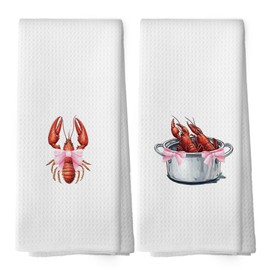 shiviody Coquette Crawfish Kitchen Towels - Preppy Coastal Seafood Boil Dish Towels, Ocean Beach Lobsters Decorative Absorbent Dishcloths Hand Towel Set of 2 for Beach House Kitchen Decor 16x24 Inches