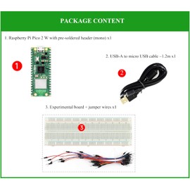 Pico 2 W Starter Kit with Pico 2 W with Pre-Soldered Header and Experimental Board, 2.4GHz 802.11n WiFi and Bluetooth 5.2, RP2350 Chip Dual-Core& Dual-Architecture Design