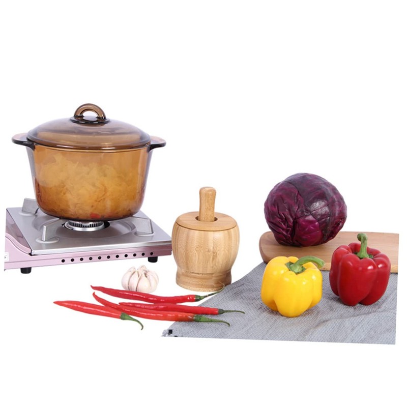 LABRIMP -in-one Garlic Press Set Bamboo Pot Pestle Food Garlic