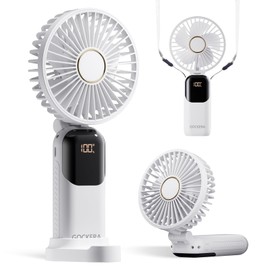 GOCKERA Portable Fan, 4200mAh Battery Operated Fan, 5 Speeds&Digital Display, Makeup Fans for Women with Base, 180°Foldable 3in1 Handheld/Neck/Desk Fan for Outdoor Indoor,Ultra Quiet (White)