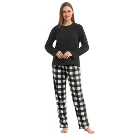 LANBAOSI Buffalo Plaid Pajamas Fleece Pajama Sets 2 Piece Long Sleeve Sleepwear Christmas Pajamas Women Ultra-Soft Pijamas, Gray Buffalo, Large