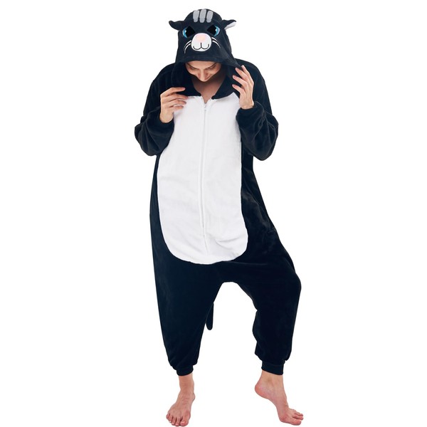 NEWCOSPLAY Unisex Adult Black Cat Onesie Pajamas Animal One Piece