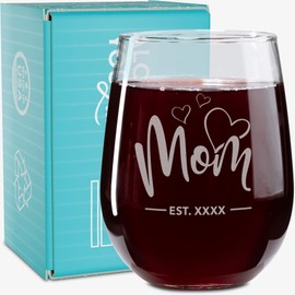 On The Rox Drinks Wine Gifts for Moms - “Mom” Stemless Wine Glass 17 Oz - Custom Mom Wine Glass - Funny Gifts for Mother, Sister, or Friend - Customizable Year