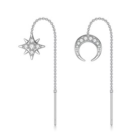 VONALA Moon and Star Threader Earrings Sterling Silver Long Chain Earrings Moon Star Jewelry Gift for Women Girls