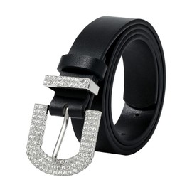 AWAYTR Rhinestone Buckle Belt for Women - PU Leather Plus Size Belts for Jeans and Dress (Black, Fit Waist 21"-34")