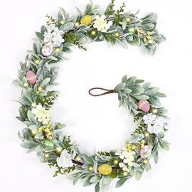 Waipfaru 6Ft Easter Egg Garland with Lights, Spring Garland for Mantle, Easter Table Mantel Decorations, Flower Vine with Lambs Ear for Stairs Fireplace Tree Home Decor