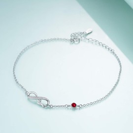 Infinity Ankle Bracelet for Women, 925 Sterling Silver Charm Adjustable Anklet 9+2'' (G-red Crystal_july Birthstone)