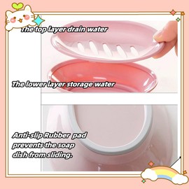 Auzass Soap Dish, Non-Slip Double Layer Soap Dish with Drainage, Draining Soap Dish Holder for Shower, Bathroom, Kitchen, Keep Soap Dry and Easy Cleaning (Pink)