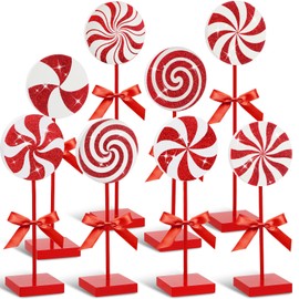 Amyhill 8 Pcs Christmas Candy Wooden Tabletop Decor Glitter Xmas Candy Cane Table Centerpiece Sign for Christmas Tiered Tray Home Desk Office Party Decoration(Classic,Red,Green)
