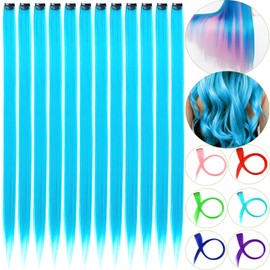 CLOEWCL 12 PCS Blue Hair Extensions Clip in, 22" Colored Highlights, Synthetic Straight Hair Piece DIY Accessories for Daily Party (LightBlue)