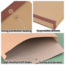 10 PCS A4 Kraft Paper File Folders Envelopes with String and Button Expandable Project Filing Document Envelopes Organisers Bill Letter Storage Portfolio Pocket for Business Office School