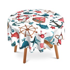 UIUPRO Starfish Fish Round Tablecloth 60 inch,Lighthouse Anchor Boat Circle Table Cloth Polyester Waterproof Stain Wrinkle Free Table Cover for Home Kitchen Dining Party Pinic Patio Outdoor Decor
