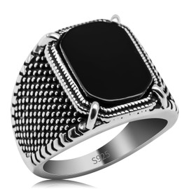 SKOOMEN Men's Rings in 925 Sterling Silver, Black Agate Ring with Jewelry Box, Ottoman Artisan Gemstone Chunky Hand Rings, Large Aqeeq Cocktail Signet Finger Ring for Him (Size 8)