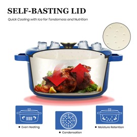Overmont Enameled Cast Iron Dutch Oven - 5QT Pot with Lid Cookbook & Cotton Potholders - Heavy-Duty Cookware for Braising, Stews, Roasting, Bread Baking blue