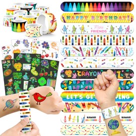 96 PCS Crayon Party Favors Set – 72 Pre-Cut Temporary Tattoos & 24 Slap Bracelets for Kids, Perfect for Art Birthday Parties, Classroom Rewards & Creative School Events