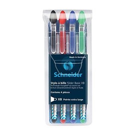 SCHNEIDER - Pochette de 4 stylos a bille Slider Basic XB - Caoutchouc et pointe inox - Noir, rouge, bleu et vert