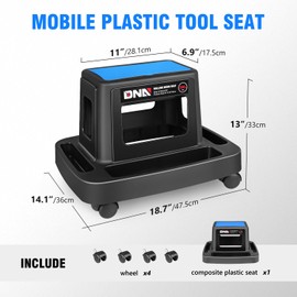 DNA MOTORING Mobile Plastic Tool Seat Rolling Garage Work Stool with Under-Seat Storage & Tray for Workshop Auto Repair Shop, Blue/Black, TOOLS-00369