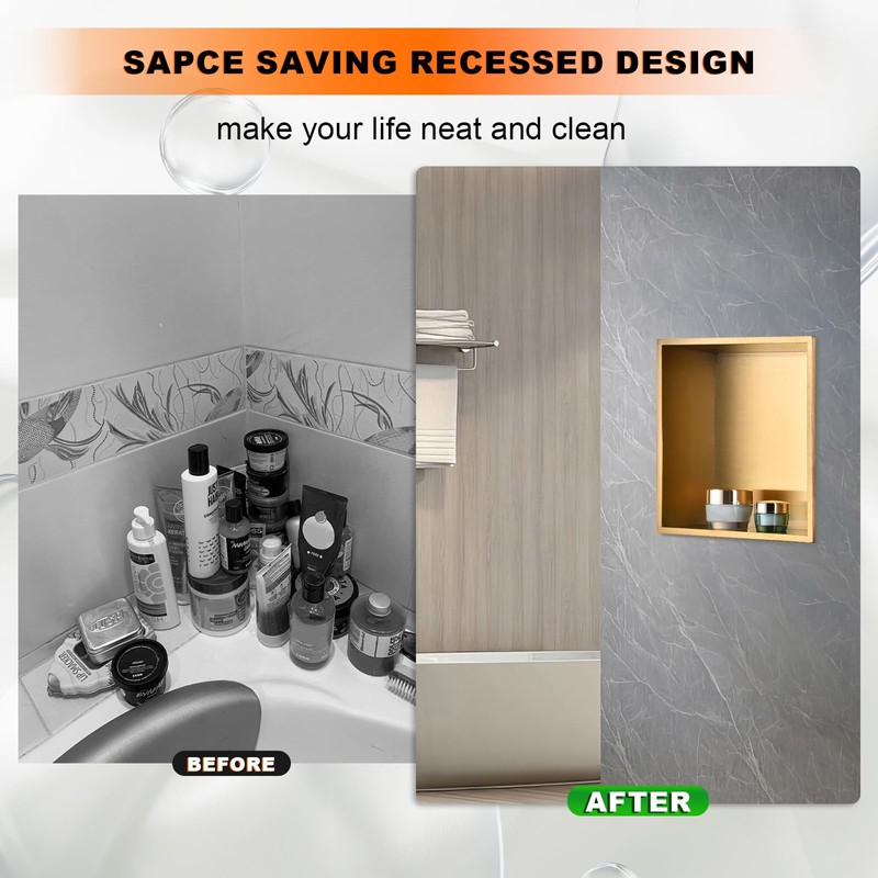 Shower Niche Gold Brushed 12"×12": Stainless Steel Shelf Organizer Waterproof