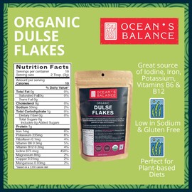 Ocean's Balance Organic Dulse Flakes — Atlantic Dulse Organic Flakes for Keto, Paleo Diet, Vegetarian & Vegan Diets — Dried Vegetable Flakes Gluten Free Products (3oz/2 Bag)