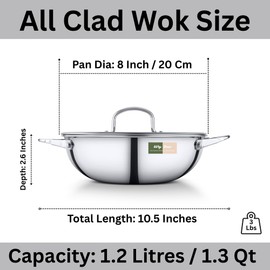 Stainless Steel Tri-Ply Wok with Glass Lid, All Clad Kadhai, 8 Inch Pan for Stir frying, Stews, Sauces, Deep Saute, Induction Compatible Triply cookware, 1.3 Qt Wok, Chef's Pan with Handles